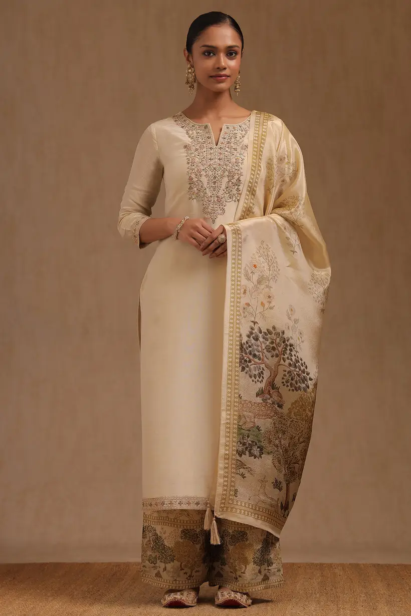 Beige Tissue Suit Set Beads And Stones